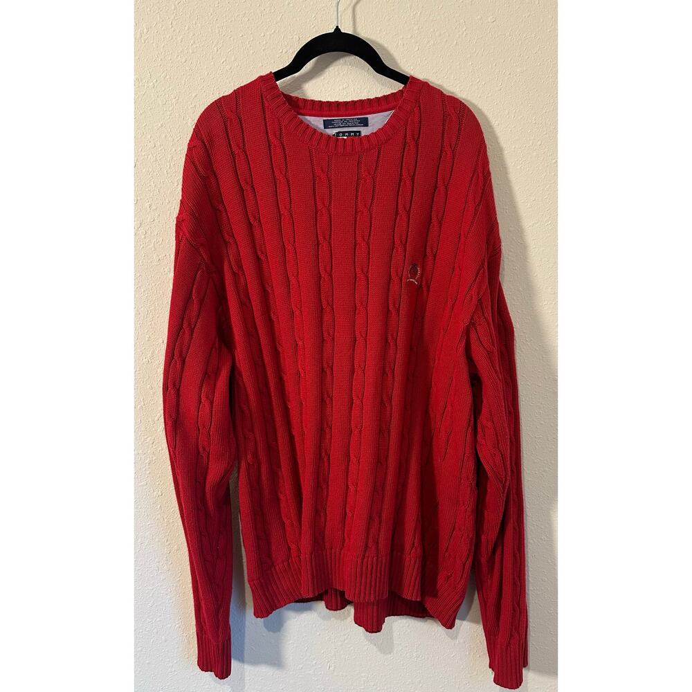 Tommy Hilfiger Sweater Men's XL Red Crew Neck Cable Knit Preppy Casual Y2k